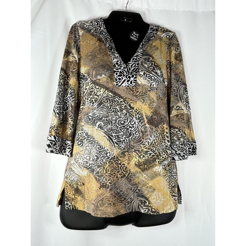 Chico's Blouse Womens 0 S Multicolor Paisley V Neck 3/4 Sleeve Tunic Top